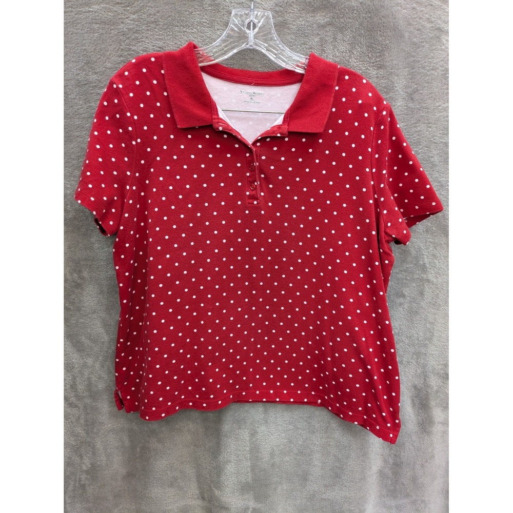 Women's Polo Shirt Petite Large Red‎ Polka Dot Casual